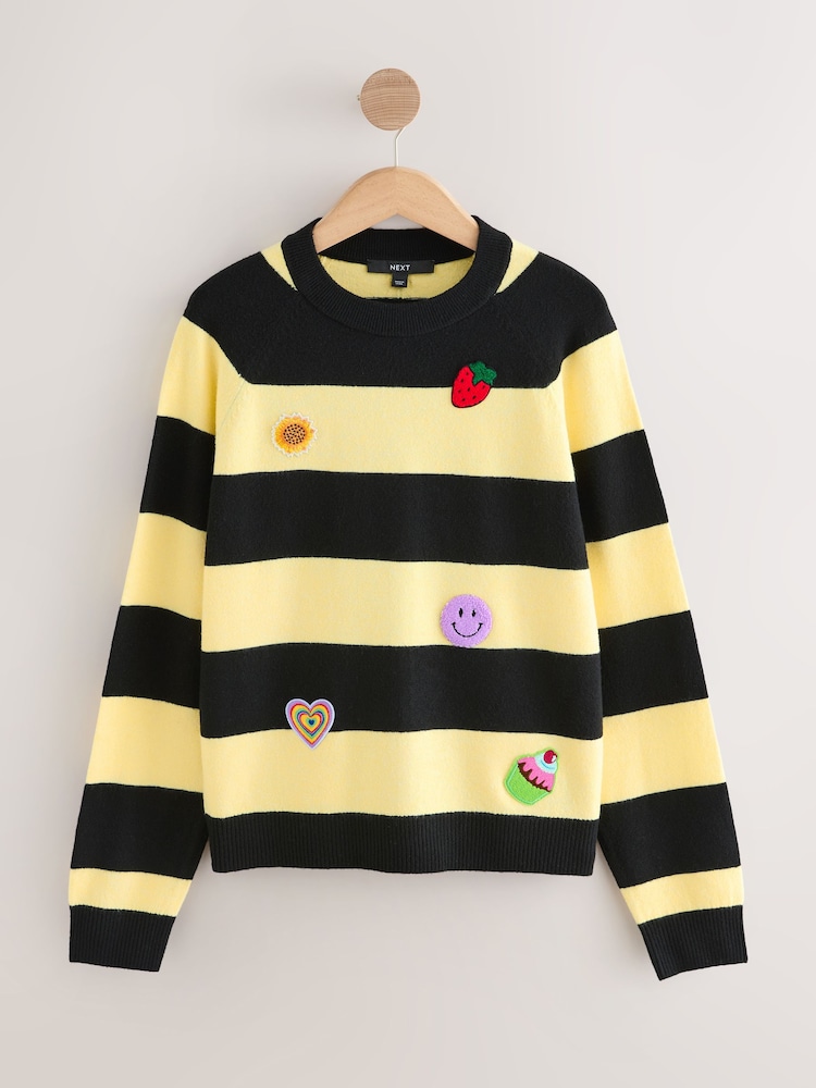 Yellow/Black Stripe Badge Supersoft Crew Neck Long Sleeve Jumper - Image 1 of 3 Yellow/Black Stripe Badge Supersoft Crew Neck Long Sleeve Jumper - Image 1 of 3