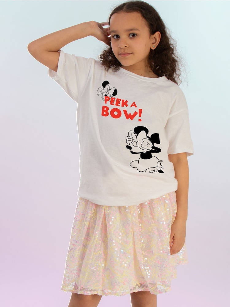 Brands In White Girls Disney Minnie Mouse Peek A Bow 100% Cotton T-Shirt - Image 1 of 4