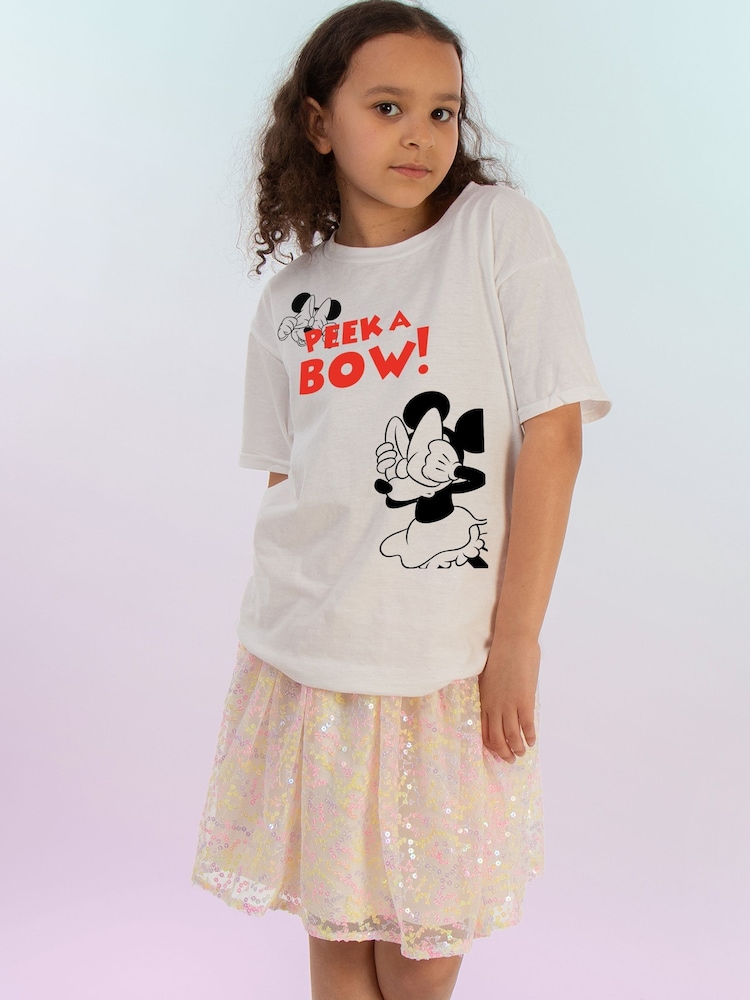 Brands In White Girls Disney Minnie Mouse Peek A Bow 100% Cotton T-Shirt - Image 2 of 4