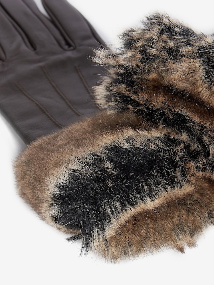 Barbour® Brown Faux Fur Trimmed Leather Gloves - Image 4 of 4