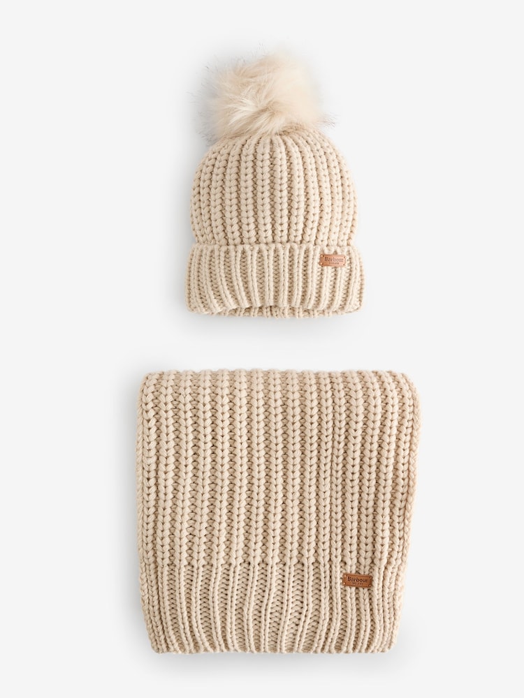 Barbour® Cream Saltburn Pom Beanie Hat & Scarf Gift Box Set - Image 1 of 6 Barbour® Cream Saltburn Pom Beanie Hat & Scarf Gift Box Set - Image 1 of 6