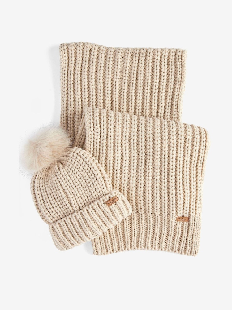 Barbour® Cream Saltburn Pom Beanie Hat & Scarf Gift Box Set - Image 2 of 6 Barbour® Cream Saltburn Pom Beanie Hat & Scarf Gift Box Set - Image 2 of 6