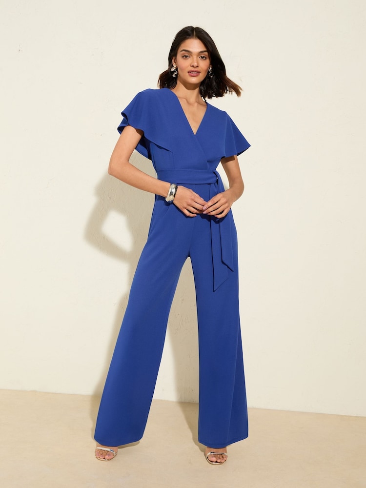 Friends Like These Cobalt Blue Short Frill Sleeve Scuba Wrap Jumpsuit - Image 1 of 4