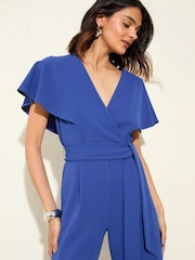 Friends Like These Cobalt Blue Short Frill Sleeve Scuba Wrap Jumpsuit - Image 2 of 4