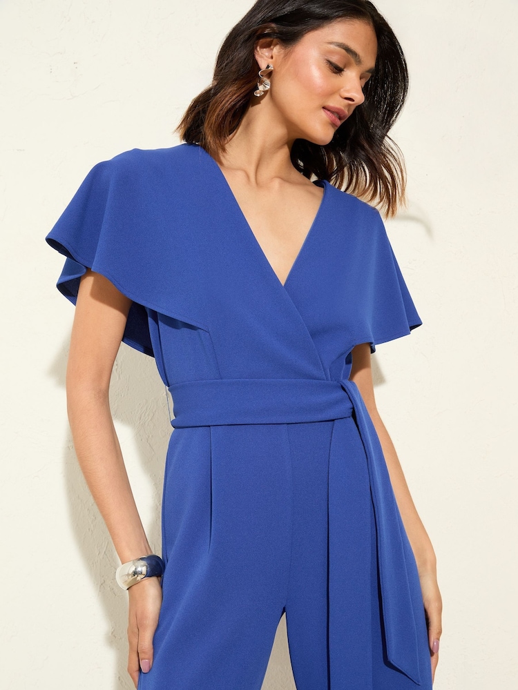 Friends Like These Cobalt Blue Short Frill Sleeve Scuba Wrap Jumpsuit - Image 2 of 4