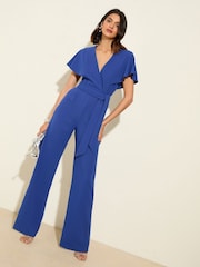 Friends Like These Cobalt Blue Short Frill Sleeve Scuba Wrap Jumpsuit - Image 3 of 4