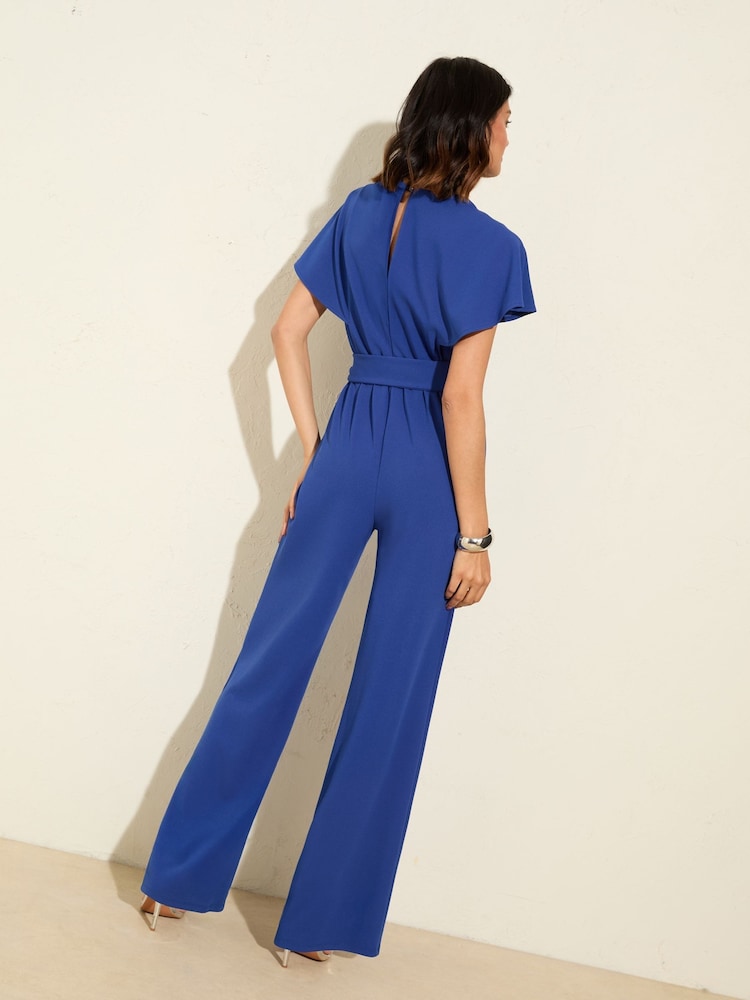 Friends Like These Cobalt Blue Short Frill Sleeve Scuba Wrap Jumpsuit - Image 4 of 4