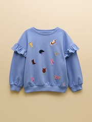 Joules Girls' Blue Frill Sleeve Crew Neck Sweatshirt - Image 1 of 4