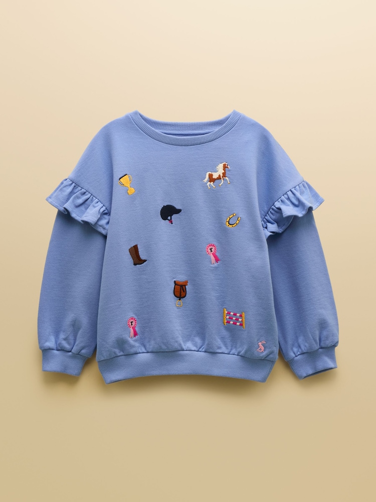 Joules Girls' Blue Frill Sleeve Crew Neck Sweatshirt - Image 1 of 4