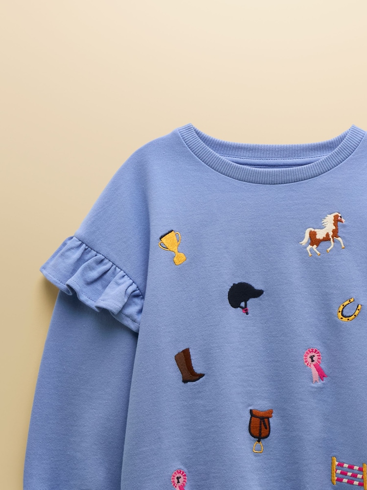 Joules Girls' Blue Frill Sleeve Crew Neck Sweatshirt - Image 4 of 4