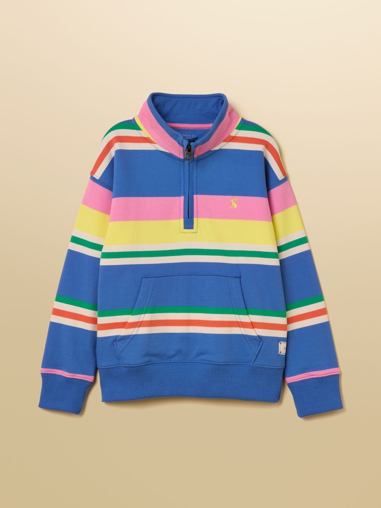 Joules Boys' Alfie Blue & Pink Stripe Quarter Zip Sweatshirt - Image 1 of 5 Joules Boys' Alfie Blue & Pink Stripe Quarter Zip Sweatshirt - Image 1 of 5