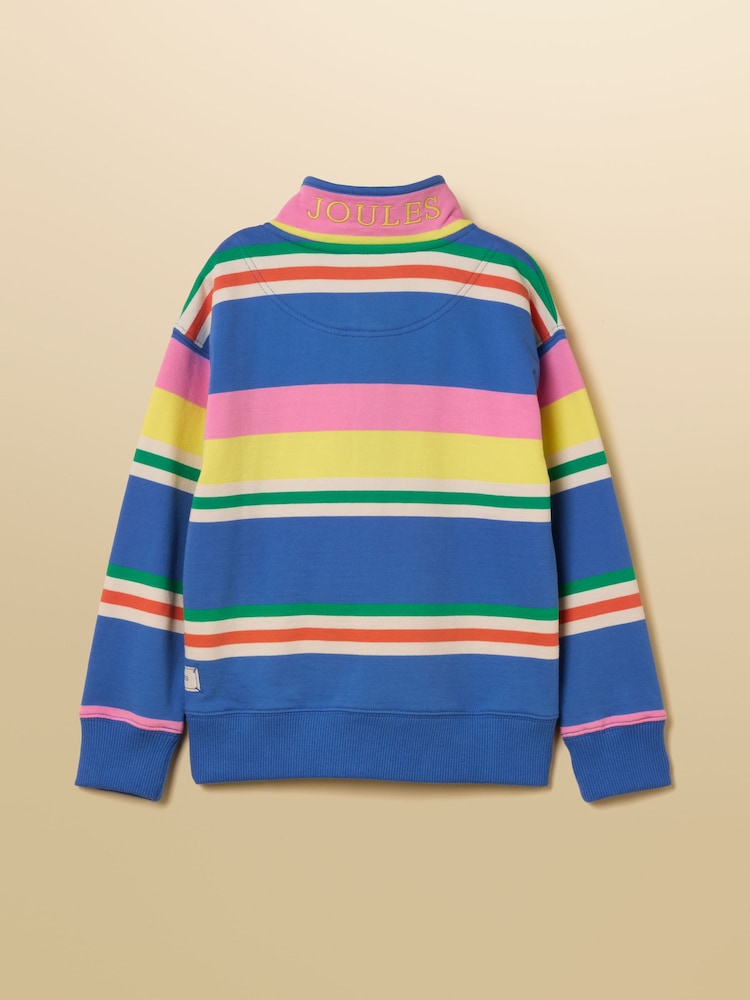 Joules Boys' Alfie Blue & Pink Stripe Quarter Zip Sweatshirt - Image 2 of 5 Joules Boys' Alfie Blue & Pink Stripe Quarter Zip Sweatshirt - Image 2 of 5