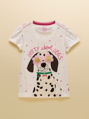 Joules Girls' Astra White Dog Applique Cotton T-Shirt - Image 1 of 5