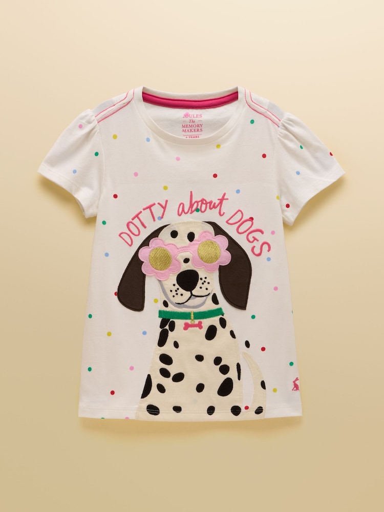 Joules Girls' Astra White Dog Applique Cotton T-Shirt - Image 1 of 5 Joules Girls' Astra White Dog Applique Cotton T-Shirt - Image 1 of 5