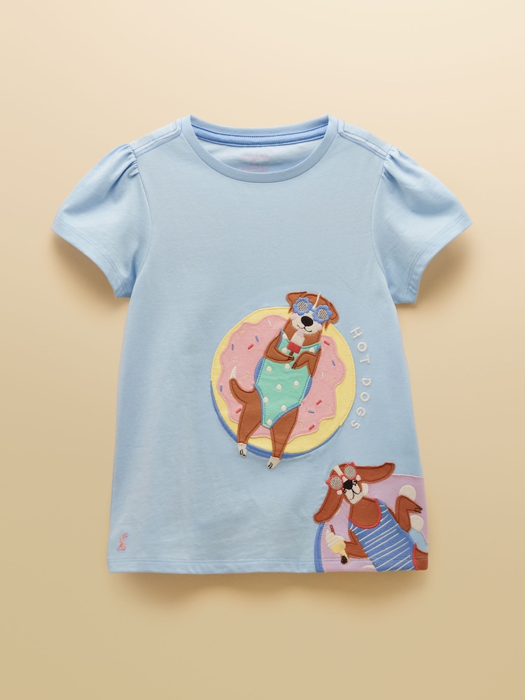 Joules Girls' Astra Blue Dogs Applique Cotton T-Shirt - Image 1 of 5