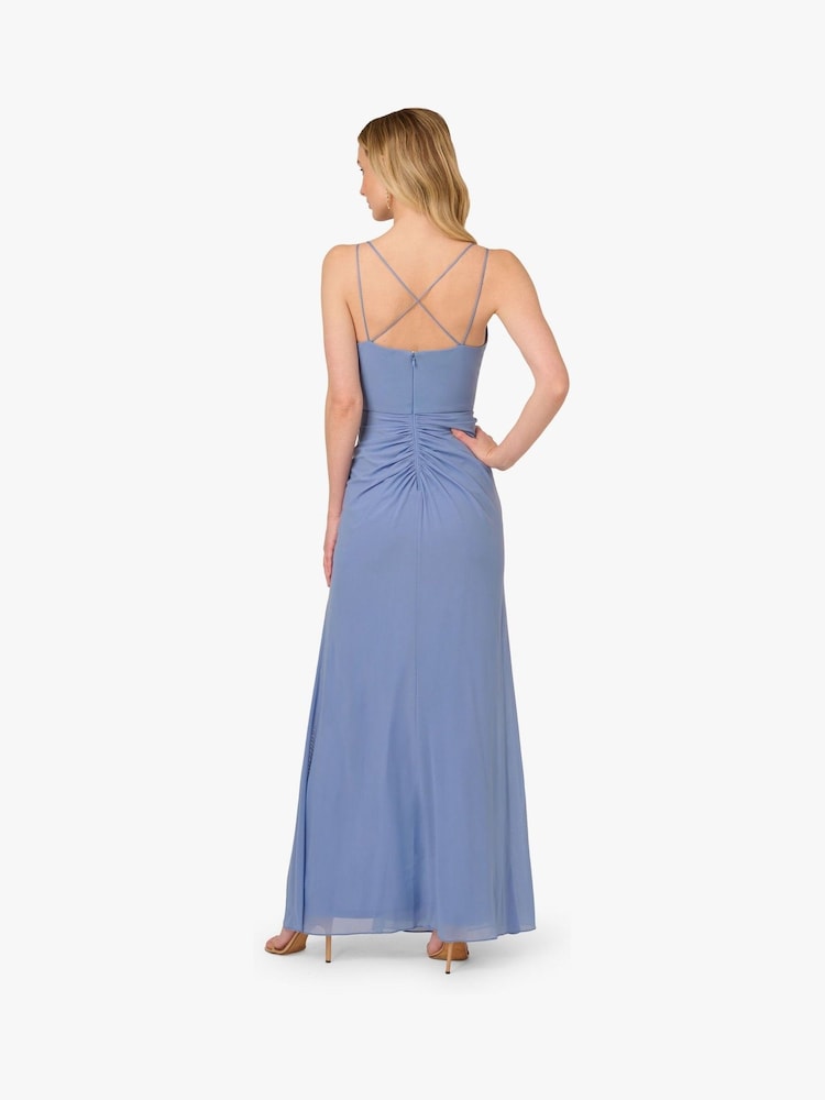 Adrianna Papell Blue Stretch Mesh Draped Gown - Image 2 of 6 Adrianna Papell Blue Stretch Mesh Draped Gown - Image 2 of 6