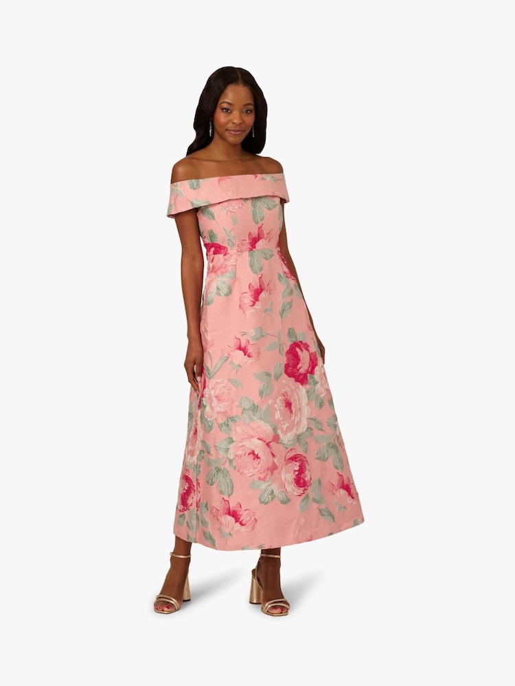 Adrianna Papell Pink Off Shoulder Jacquard Dress - Image 2 of 7 Adrianna Papell Pink Off Shoulder Jacquard Dress - Image 2 of 7