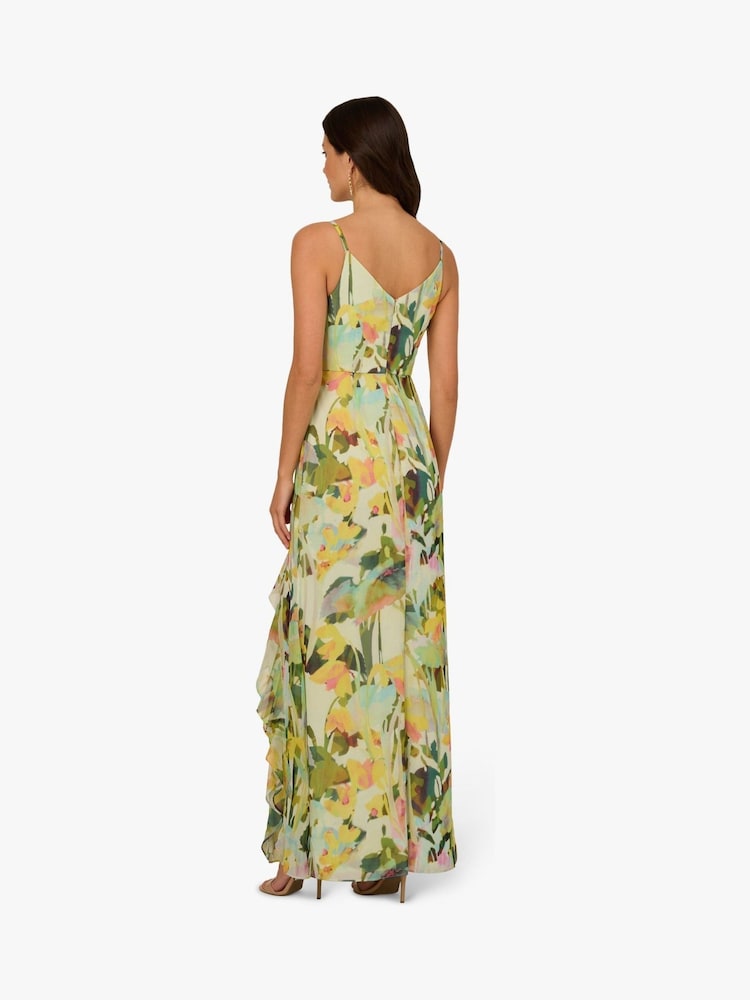 Adrianna Papell Green Printed Strap Cascade Gown - Image 3 of 7