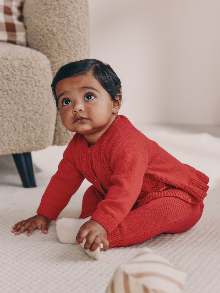 Red Frill Knitted Bow Baby Cardigan Set (0mths-3yrs) - Image 1 of 3 Red Frill Knitted Bow Baby Cardigan Set (0mths-3yrs) - Image 1 of 3