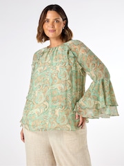 Live Unlimited Green Multi Paisley Print Frill Blouse - Image 1 of 5