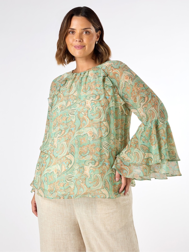 Live Unlimited Green Multi Paisley Print Frill Blouse - Image 1 of 5