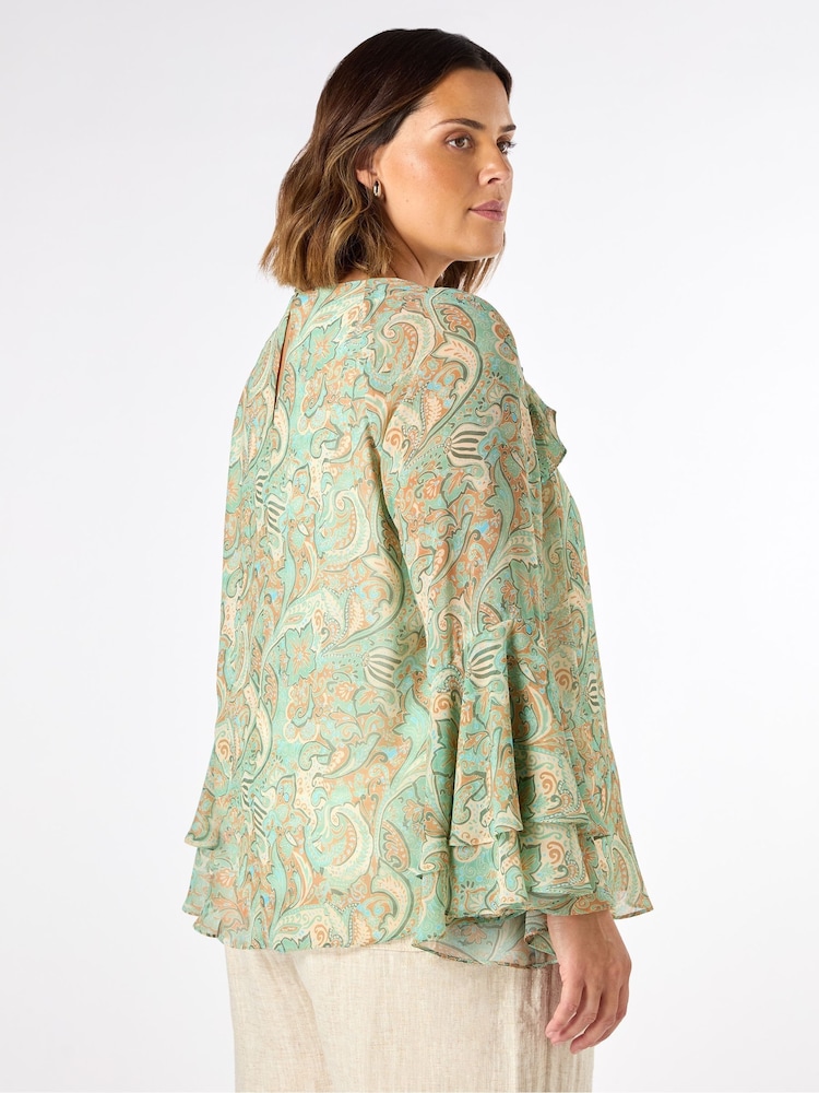 Live Unlimited Green Multi Paisley Print Frill Blouse - Image 2 of 5