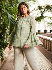 Live Unlimited Green Multi Paisley Print Frill Blouse - Image 3 of 5