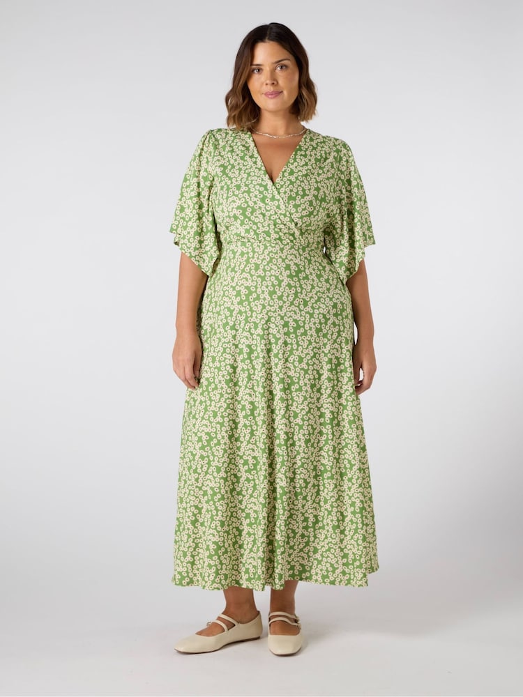 Live Unlimited Green Ditsy Jersey Angel Sleeve Wrap Dress - Image 1 of 3