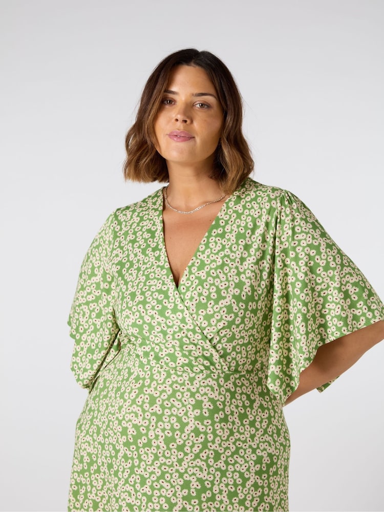 Live Unlimited Green Ditsy Jersey Angel Sleeve Wrap Dress - Image 3 of 3