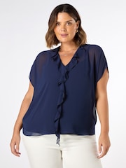 Live Unlimited Navy Curve Chiffon Ruffle Short Sleeve Blouse - Image 1 of 3