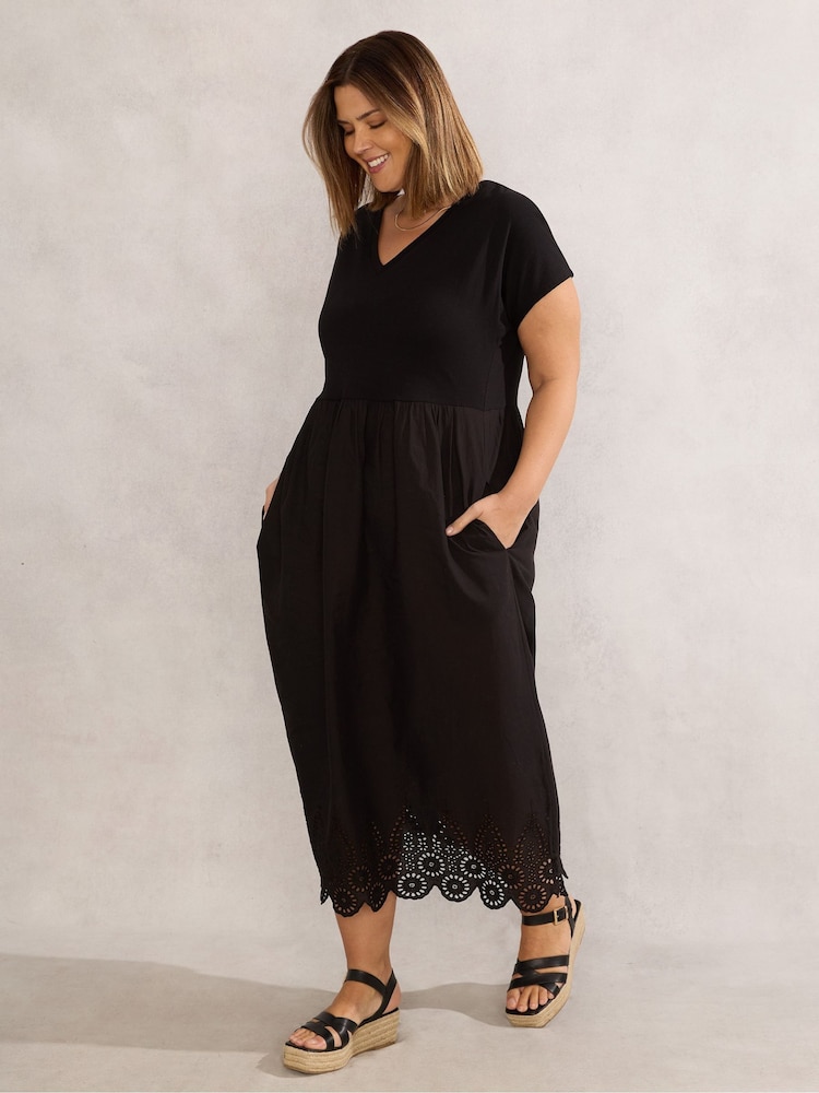 Live Unlimited Black Curve Jersey Woven Mix 100% Cotton T-Shirt Dress - Image 2 of 4