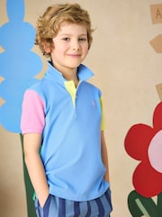 Joules Boys' Woody Blue Colourblock Short Sleeve Cotton Polo Shirt - Image 1 of 6