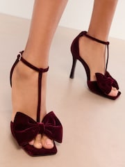 Lipsy Red Velvet Bow TBar Party Heeled Sandals - Image 1 of 4