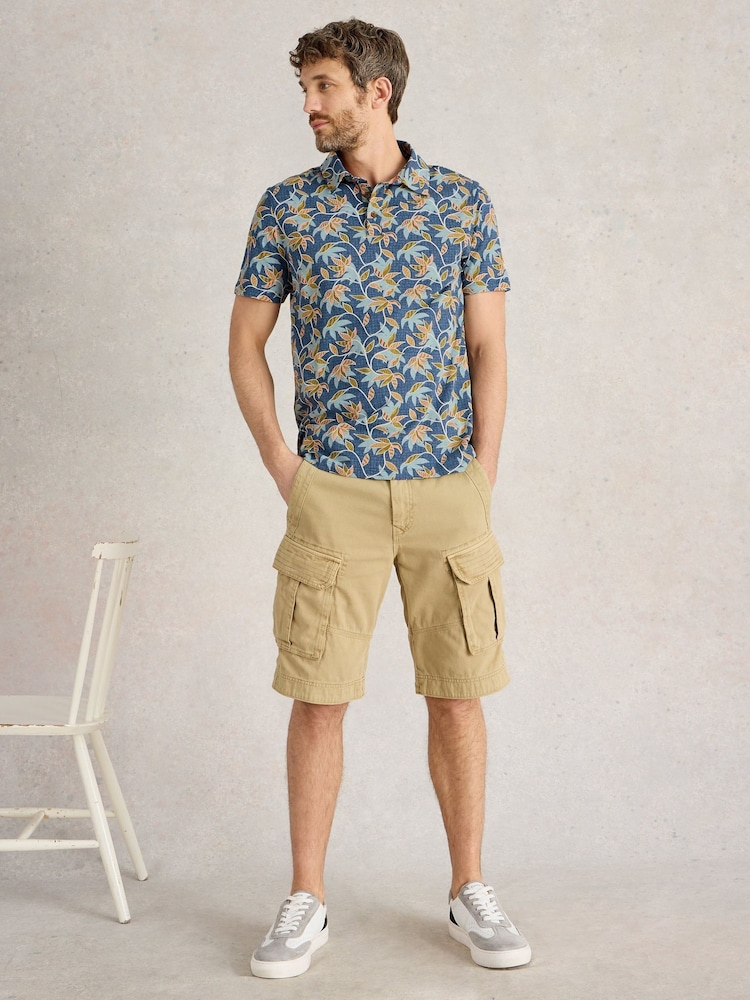 White Stuff Blue Bamboo Leaves Printed 100% Cotton Polo Shirt - Image 1 of 6