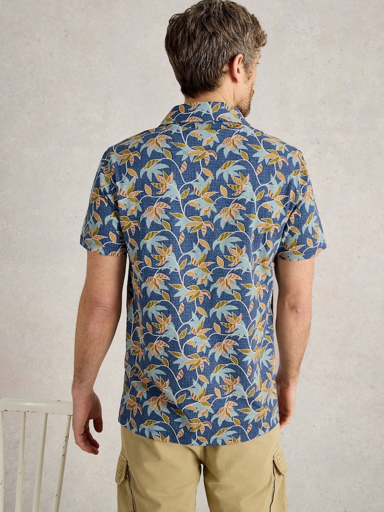 White Stuff Blue Bamboo Leaves Printed 100% Cotton Polo Shirt - Image 2 of 6