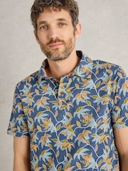 White Stuff Blue Bamboo Leaves Printed 100% Cotton Polo Shirt - Image 4 of 6