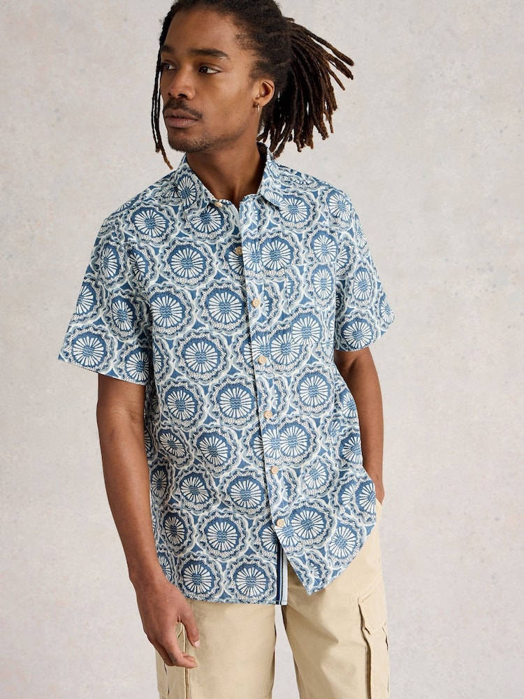 White Stuff Blue Finsbury Tile Printed 100% Cotton Shirt - Image 2 of 6