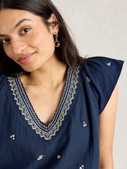 White Stuff Blue Lucie Embroidered 100% Cotton Blouses - Image 4 of 6