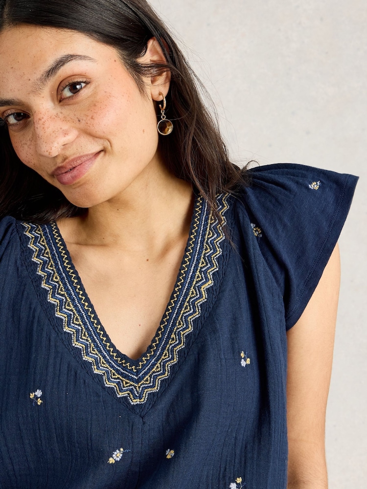 White Stuff Blue Lucie Embroidered 100% Cotton Blouses - Image 4 of 6