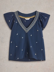 White Stuff Blue Lucie Embroidered 100% Cotton Blouses - Image 5 of 6