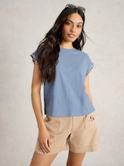 White Stuff Blue Claudia Trim 100% Organic Cotton T-Shirt - Image 1 of 6