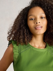 White Stuff Green Paige Frill Mix 100% Cotton Top - Image 2 of 6
