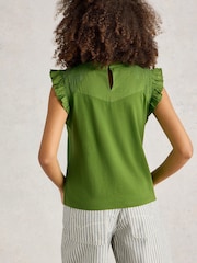 White Stuff Green Paige Frill Mix 100% Cotton Top - Image 3 of 6