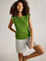 White Stuff Green Paige Frill Mix 100% Cotton Top - Image 4 of 6