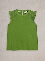 White Stuff Green Paige Frill Mix 100% Cotton Top - Image 5 of 6