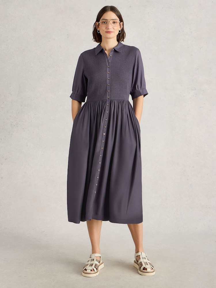 White Stuff Purple Valeria Shirred Dress - Image 1 of 6