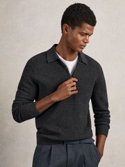 Reiss Charcoal Grey Hamilton Wool Waffle-Knit Half-Zip Polo Shirt - Image 1 of 6