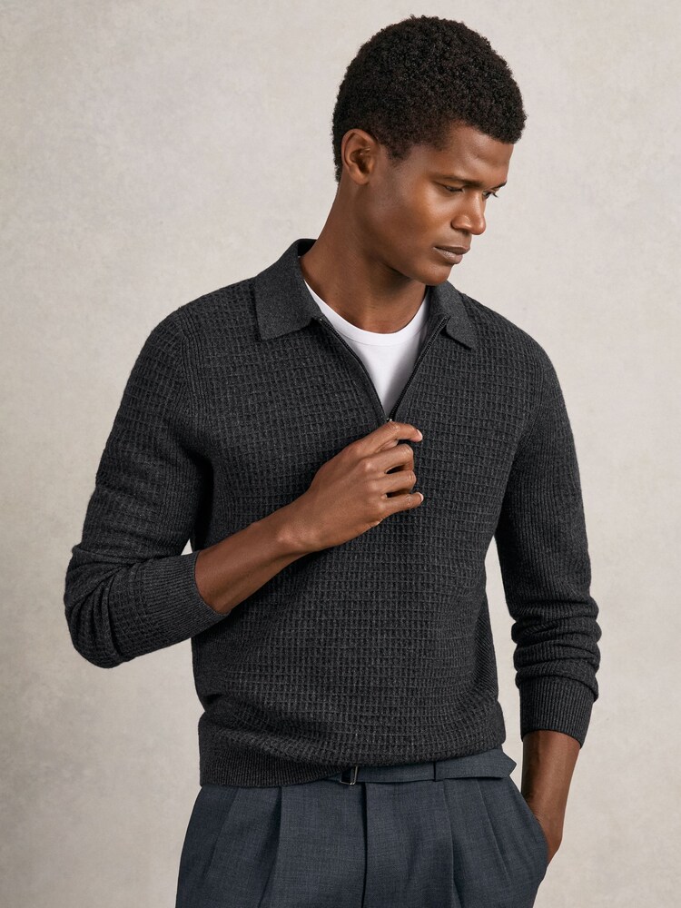 Reiss Charcoal Grey Hamilton Wool Waffle-Knit Half-Zip Polo Shirt - Image 1 of 6