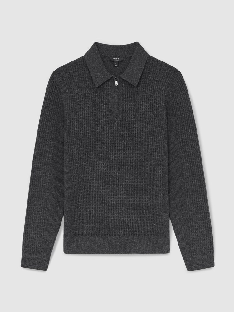 Reiss Charcoal Grey Hamilton Wool Waffle-Knit Half-Zip Polo Shirt - Image 2 of 6