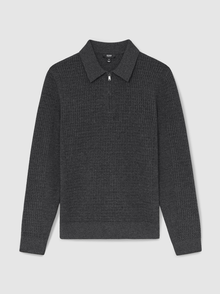 رمادي رمادي داكن - Reiss Hamilton Wool Waffle-Knit Half-Zip Polo Shirt - صورة 2 من 6 رمادي رمادي داكن - Reiss Hamilton Wool Waffle-Knit Half-Zip Polo Shirt - صورة 2 من 6